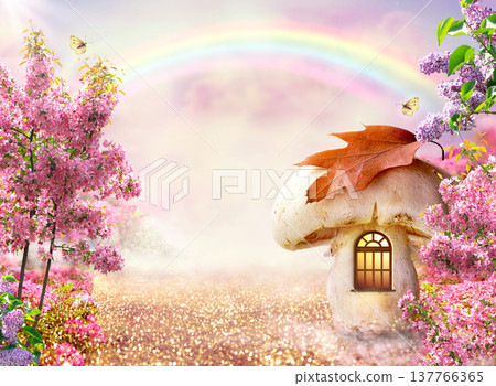 Fantasy fairy tale forest with magical window in mushroom house. Blooming garden and rainbow in sky. Fantasy fairy tale forest with magical window in mushroom house. Blooming garden and rainbow in sky. 137766365