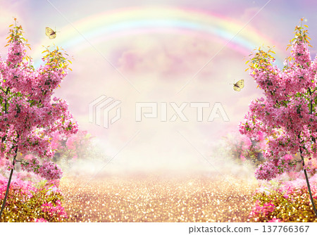 Fantasy fairy tale forest with blooming apple tree garden, rainbow and road, landscape background. 137766367