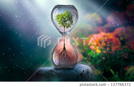 Earth Day concept. Global warming and Climate change theme Live and dry tree in Hourglass. Earth Day concept. Global warming and Climate change theme Live and dry tree in Hourglass. 137766372