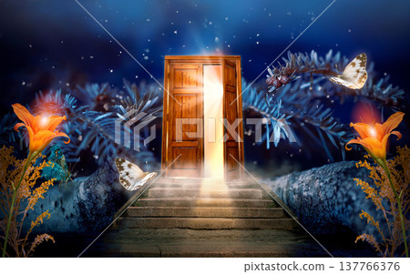 Fantasy enchanted fairy tale forest with magical opening secret wooden door and stairs. Fantasy enchanted fairy tale forest with magical opening secret wooden door and stairs. 137766376