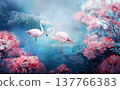 Two flamingos in lake, fantasy magical enchanted fairy tale night landscape with pair of birds 137766383