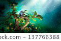 Fantasy Bonsai carmona Tree with sitting Gray Parrot bird in magical Forest, dreamy wood in night. 137766388
