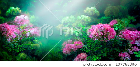 Fantasy roses flowers garden in dreamy forest with fairytale blooming green thickets background Fantasy roses flowers garden in dreamy forest with fairytale blooming green thickets background 137766390