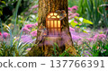 Fantasy fairy tale forest with magical shining window of enchanted house in hollow of pine tree 137766391