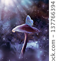 Fantasy mushroom and blue butterfly in enchanted fairy tale dreamy forest, fairytale deep dark wood 137766394