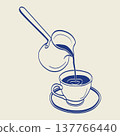 Hand drawn coffee pouring into cup vector illustration in Mediterranean style. Minimal line art coffee brewing concept for cafe menus, barista graphics and beverage themed designs. 137766440
