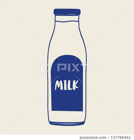 Hand drawn milk bottle vector illustration in Mediterranean style. Minimal line art dairy drink icon for cafe menus, food packaging, grocery branding and beverage themed designs. 137766442