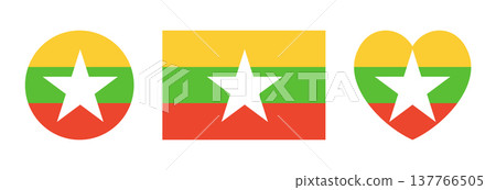 Flag of Myanmar flat icons. Heart shaped, round, rectangular national flag of Myanmar backgrounds. Set of heart, circle, rectangle flag of Myanmar badge, sticker. Button, banner flag Myanmar. 137766505