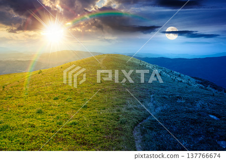summer solstice landscape of alps. day meet night. sun and moon over hillside meadows in mountain scenery. countryside highland view from the top of a hill. nature background with green slope summer solstice landscape of alps. day meet night. sun and moon over hillside meadows in mountain scenery. countryside highland view from the top of a hill. nature background with green slope 137766674