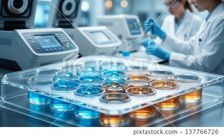 [AI產生的圖像] 生物技術研發影像：實驗室中的實驗和液體樣品。 137766726