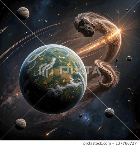 Cosmic Encounter Planet, Asteroids, and a Celestial Event. In a cosmic scene, a planet with green and blue landmasses is surrounded by a vibrant atmosphere and scattered clouds. Cosmic Encounter Planet, Asteroids, and a Celestial Event. In a cosmic scene, a planet with green and blue landmasses is surrounded by a vibrant atmosphere and scattered clouds. 137766727