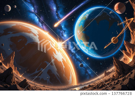 Vast Cosmic Landscape with Planets and Comets. A cosmic landscape featuring two large planets, one with a blue atmosphere and continents, and the other with a brown, rocky surface.   137766728