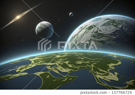 Cosmic Vista Multiple Planets in Space. Vivid depiction of a cosmic scene with multiple planets and a star in space.   137766729