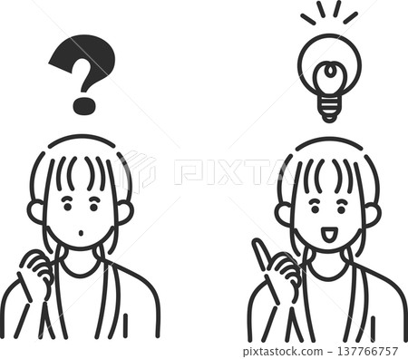 A set of illustrations featuring a question mark and a businesswoman with an idea (line art only). A set of illustrations featuring a question mark and a businesswoman with an idea (line art only). 137766757