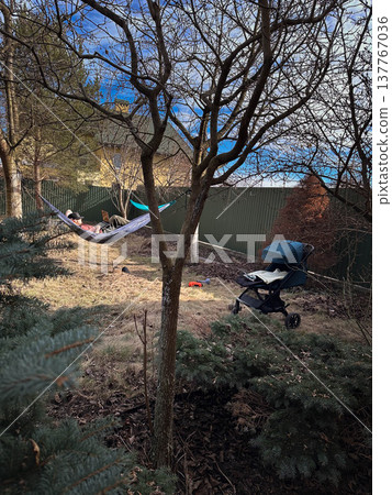 Person relaxing in hammock in backyard with stroller 137767036