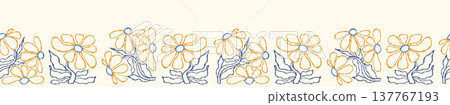 Seamless Floral Border Hand-Drawn. Abstract Outlines Texture Flowers of Matisse Inspired On Light Background. Horizontal Botanical Pattern For Ribbon And Tape Design. Vector Illustration 137767193