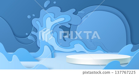 3d round podium stage with blue papercut waves 3d round podium stage with blue papercut waves 137767225