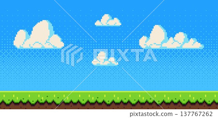 Pixel art sky with fluffy clouds over green grass Pixel art sky with fluffy clouds over green grass 137767262