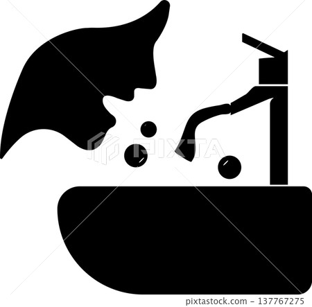 Woman leaning over bathroom sink washing face and drinking fresh water from faucet during morning hygiene routine 137767275