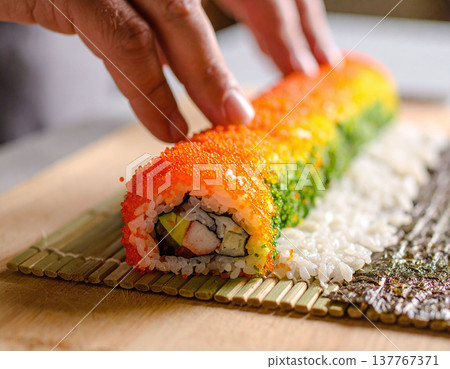 A chefs hands skillfully preparing a vibrant rainbow sushi roll covered in multicolored roe. This highquality image is ideal for culinary blogs, restaurant menus, and healthy dining media. 137767371