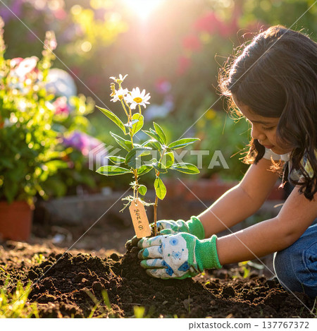 Nurture a greener future with this heartwarming image of a young girl planting a flower in a sunny garden. Perfect for sustainability, education, and environmental conservation themes. 137767372