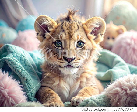 Enchanting baby cub with large, expressive eyes nestled in soft pastel plush. This heartwarming digital art evokes comfort and wonder, ideal for nursery decor or childrens storytelling. 137767374
