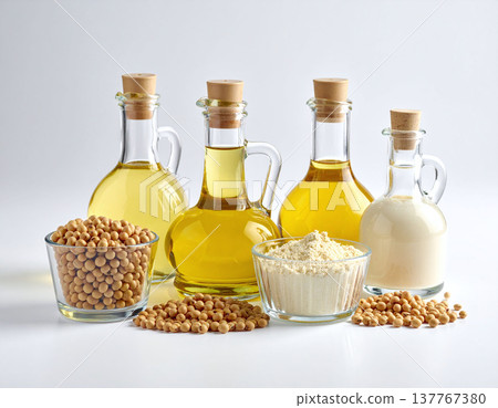 Explore the natural versatility of soybeans in this clean studio shot featuring golden oil, creamy milk, and fine flour. Perfect for vegan nutrition, healthy cooking, and organic food ads. 137767380