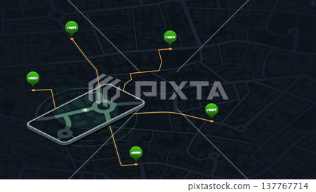 Internet cab car service in smartphone application. Ordering taxi online with mobile phone app nearby to your location. City map and taxi car. Vector illustration Internet cab car service in smartphone application. Ordering taxi online with mobile phone app nearby to your location. City map and taxi car. Vector illustration 137767714