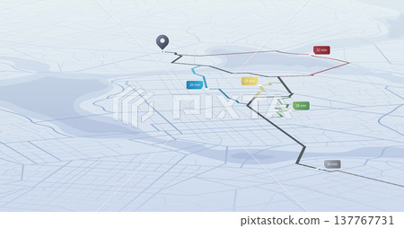 Concept of shortest path to the goal. Abstract navigation plan on city map. Isometric map with intended goal and several paths to destiny. Vector illustration Concept of shortest path to the goal. Abstract navigation plan on city map. Isometric map with intended goal and several paths to destiny. Vector illustration 137767731