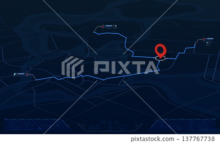 Locator position point. GPS tracking system to navigate around the city landmarks. Detailed city street map with directions to different locations. Vector illustration 137767738
