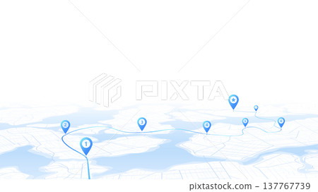 City map featuring directional signs, an intended goal point and multiple markers. An abstract navigation plan highlights POI including city streets, blocks. Vector illustration 137767739