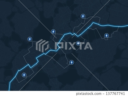 Digital map with highlighted blue line route. Map features several with power stations, points of electrical interest. Vector illustration Digital map with highlighted blue line route. Map features several with power stations, points of electrical interest. Vector illustration 137767741