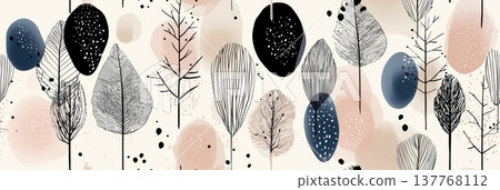 Abstract seamless pattern with leaves and neutral organic shapes. Abstract leaves and organic shapes forming a contemporary seamless pattern Abstract seamless pattern with leaves and neutral organic shapes. Abstract leaves and organic shapes forming a contemporary seamless pattern 137768112