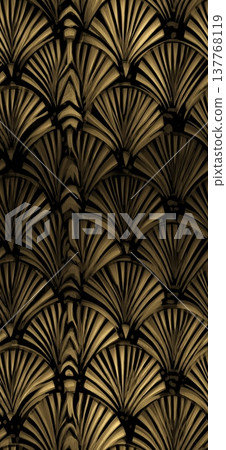 Art Deco golden fan pattern elegant background. Golden fan shapes forming a repeating decorative Art Deco pattern against a dark background Art Deco golden fan pattern elegant background. Golden fan shapes forming a repeating decorative Art Deco pattern against a dark background 137768119