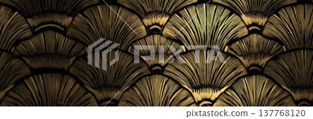Art Deco golden fan pattern elegant background. Golden fan shapes forming a repeating decorative Art Deco pattern against a dark background Art Deco golden fan pattern elegant background. Golden fan shapes forming a repeating decorative Art Deco pattern against a dark background 137768120