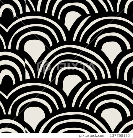 Black and beige geometric wave pattern design. Seamless geometric pattern featuring overlapping black arc shapes on a light background Black and beige geometric wave pattern design. Seamless geometric pattern featuring overlapping black arc shapes on a light background 137768123