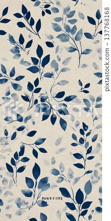 Seamless Japanese woodblock-style pattern with blue leaves. Seamless botanical pattern showing stylized branches and leaves on a textured beige background 137768168