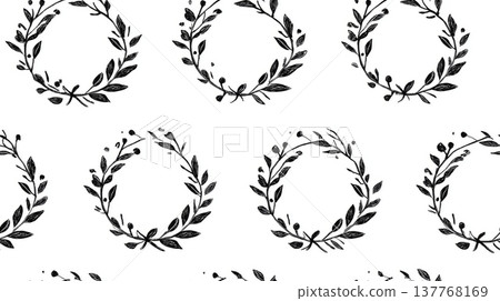 Seamless pattern with black botanical wreaths and branches. Abstract illustration presenting a repeating design of natural elements on a white background 137768169