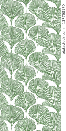 Seamless organic green plant leaf pattern background. Repeating pattern showing fan-like organic shapes representing leaves or scales in green 137768170
