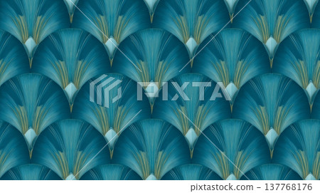 Art Deco seamless pattern with teal and gold fans. Elegant decorative pattern displaying repeating teal fan shapes with delicate golden lines Art Deco seamless pattern with teal and gold fans. Elegant decorative pattern displaying repeating teal fan shapes with delicate golden lines 137768176