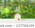 Image of home care and barrier-free design – pictograms of residential objects and a person in a wheelchair. 137768199