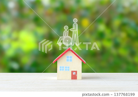 居家照護和無障礙設計的圖片－住宅物品和輪椅上的人的象形圖。 137768199