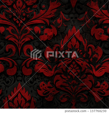 Dark red damask pattern on black background. Ornate gothic floral pattern creating a luxurious vintage texture Dark red damask pattern on black background. Ornate gothic floral pattern creating a luxurious vintage texture 137768230