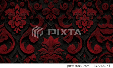 Dark red damask pattern on black background. Ornate gothic floral pattern creating a luxurious vintage texture Dark red damask pattern on black background. Ornate gothic floral pattern creating a luxurious vintage texture 137768231