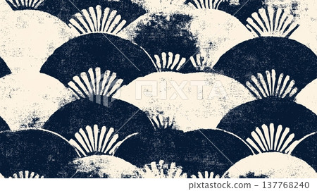 Japanese katazome style abstract block print pattern. Japanese katazome style block print pattern in navy on textured off-white background 137768240