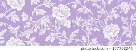 White floral leaf pattern creating elegant purple background. Seamless light purple background with abstract white foliage and ornate floral elements White floral leaf pattern creating elegant purple background. Seamless light purple background with abstract white foliage and ornate floral elements 137768246
