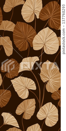 Brown tropical leaves seamless repeating pattern background. Repeating pattern showing tropical leaves in shades of brown on a dark background 137768293