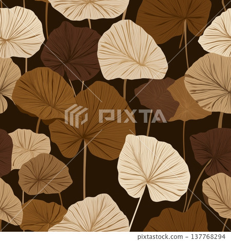 Brown tropical leaves seamless repeating pattern background. Repeating pattern showing tropical leaves in shades of brown on a dark background 137768294