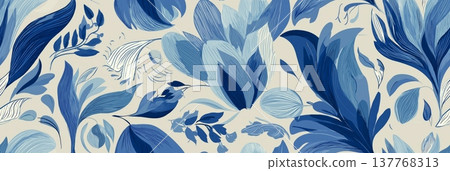Seamless floral pattern featuring blue flowers and leaves. Pattern with various blue flowers and foliage creating an elegant textile design Seamless floral pattern featuring blue flowers and leaves. Pattern with various blue flowers and foliage creating an elegant textile design 137768313