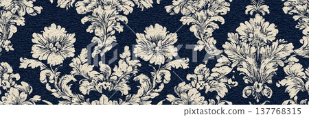 Seamless floral damask pattern with scroll motifs. Elegant damask pattern creating a luxurious seamless background on dark blue Seamless floral damask pattern with scroll motifs. Elegant damask pattern creating a luxurious seamless background on dark blue 137768315